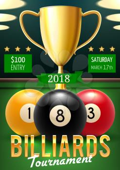 Pool billiards tournament announcement poster. Color balls with numbers and gold trophy cup on green table. Vector billiards team championship, sport game players and gambling competition leaflet