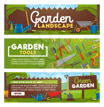 Gardening tool banners with agriculture or horticulture equipment. Watering can and saw, rake and spade, scissors and wheelbarrow, forks and secateur, bucket and axe on grass near fence vector