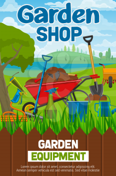 Gardening tool shop poster with agriculture or horticulture equipment. Wheelbarrow with ground and spade, watering can and hose, bucket and rake behind fence on grass with lake at horizon vector