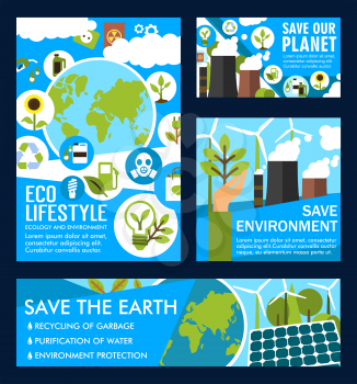 Save planet and stop pollution posters and banners design for energy saving and nature ecology conservation. Vector planet pollution and natural green environment and solar battery energy sources