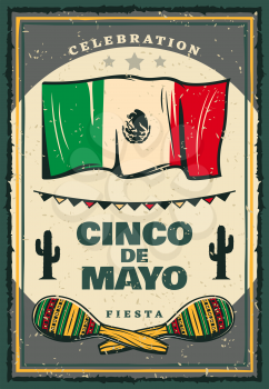 Cinco de Mayo mexican holiday retro banner for invitation template. Fiesta party maracas, flag of Mexico and cactus, decorated with festive bunting for Puebla Battle anniversary celebration
