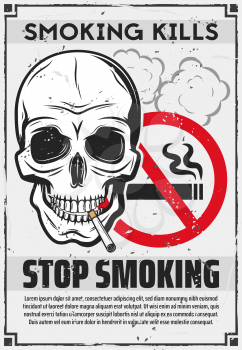 Stop smoking poster of skull with cigarette, red forbidden sign and smoke clouds. World No Tobacco Day, nicotine addiction social issue and Smoking Kills vector concept