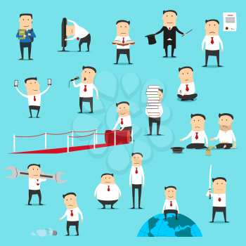 Businessman characters, manager, office worker or clerk in different situations, poses and gestures vector design. Cartoon man in suit making speech, doing selfie and reading book, writing or fighting