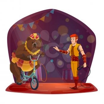 Circus animal show vector design with handler and bear performing on arena. Trainer with whip and brown grizzly riding bicycle on chapiteau stage, decorated with festive flags and lights