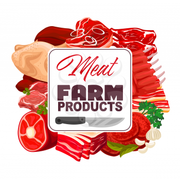 Meat, farm food products with spices and herbs vector poster. Beef steak, pork ribs roast and chicken, ham, bacon and burger patty, lamb chops, garlic parsley and bay leaf. Butcher shop design