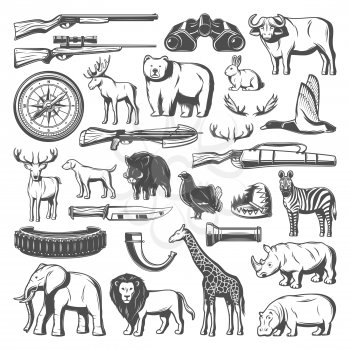 Hunting equipment and wild animals icons. Vector rifle gun, zebra and giraffe, elephant and rhino, duck and elk, crossbow and trap, bear and buffalo, hunting dog, knife and hippo, compass, binoculars