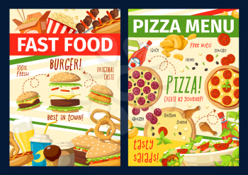 Fast food menu, fastfood restaurant, pizzeria or bistro takeaway and delivery. Vector pizza, cheeseburger or hot dog and Asian noodles, chicken and burger, kebab barbecue and onion rings with fries