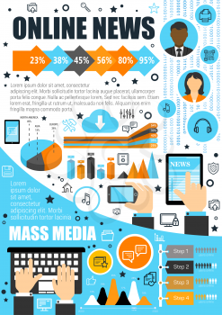 Mass media and online news infographics. Vector statistics on journalists and television anchors, diagram and charts, world news broadcasting on radio, TV or computer and smartphone
