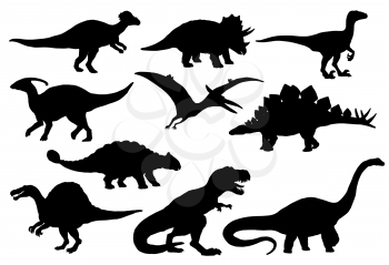 Dinosaurs and Jurassic dino monsters icons. Vector silhouette of triceratops or T-rex, brontosaurus or pterodactyl and stegosaurus, pteranodon or ceratosaurus and parasaurolophus reptile