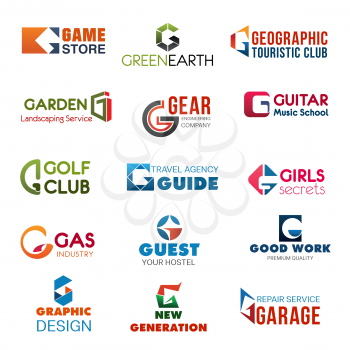Letter G vector corporate identity, industry or company brand template. Vector abstract G letter in game store, golf club or guest hostel, garage repair service with graphic design agency or studio