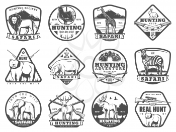 Hunting icons of lion, rabbit, forest grouse bird and bear, elephant and elk antlers. Vector hunter rifle guns, trap and equipment. Hunt club badge and African safari adventure theme