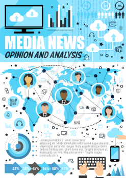 Media news analysis infographics. Vector mass media review and statistics, public opinion on world map and magazine readers percent share, diagrams on news broadcasting online technology