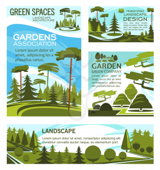 Landscaping design company and urban horticulture planting premium service. Vector green project design of city ecology gardening, forest trees or parkland squares and parks
