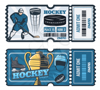 Ice hockey game tickets, sport cup tournament. Vector hockey player man with stick and puck for goal, trophy cup, safety helmet and skates on blue ice rink and ticket cut line