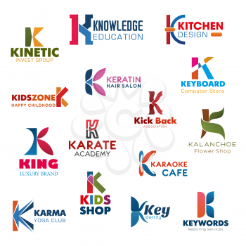 Letter K, investment, banking or education company identity. Vector K icons of flower shop, karate sport academy or yoga club and computer store or karaoke cafe, kitchen design and hair salon