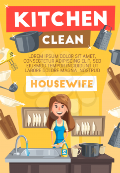 Kitchen cleaning or housewife service. Vector cartoon woman at kitchen washing utensil, dish plates and cups, mixer and saucepan in sink and dishwasher