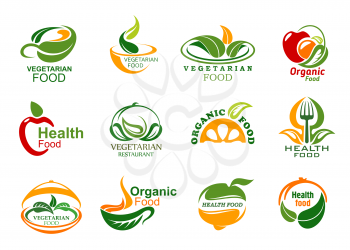 Vegetarian food icons, vegan cafe or eco food delivery company. Vector green veggie leaf or fruit and dish plate, cup symbols with fork and spoon. Organic healthy and fitness nutrition