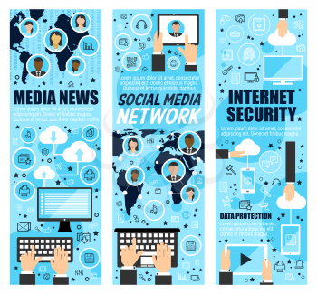 Media news and internet security banners. Social mass media and cloud web data protection. Vector computer and smartphone secure access, global information network