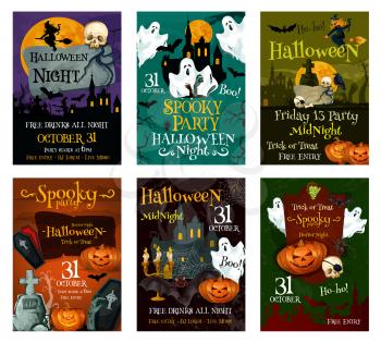 Halloween holiday greeting card set. Spooky ghost, pumpkin and witch poster with haunted house, bat and spider, cemetery grave, skeleton skull and zombie tomb for Halloween night party banner design
