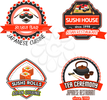 Sushi bar and Japanese restaurant isolated icons. Vector set of salmon fish sushi or philadelphia rolls, soy sauce and chopsticks, tuna sashimi and green tea with teapot for ceremony or menu template