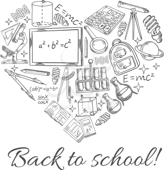 Back to School sketch poster in heart shape. Vector school blackboard, lesson books and study supplies or stationery of rucksack, geography globe or geometry ruler and microscope for september time