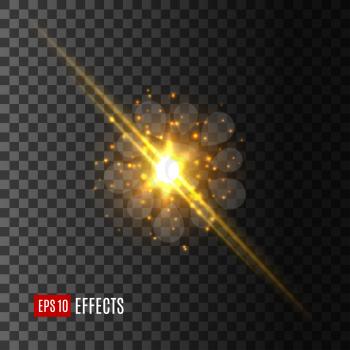 Light flash with glittering sparkles and lens flare effect. Vector isolated icon of shining sun rays or starlight beams on transparent background, twinkling star or solar gleaming glitter burst