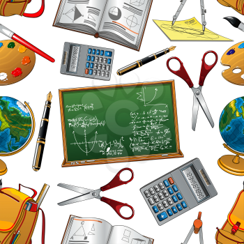 Back to School seamless pattern of school blackboard, calculator or scissors and rucksack. Vector lessons study supplies of geography globe, mathematics compass or pen and books with geometry ruler