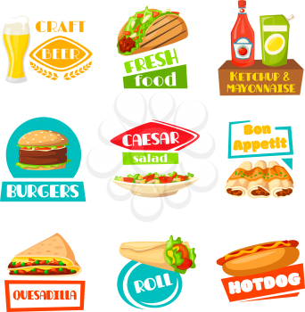 Fast food and meals icons for menu template. Vector isolated set for craft beer drink bar, taco snack with ketchup or mayonnaise sauce, burger and caesar salad, quesadilla roll and fastfood hot dog