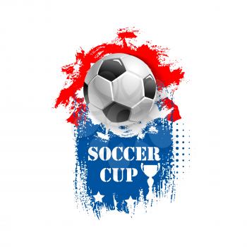 Soccer cup emblem template for football sport tournament or championship. Vector design of football ball, goal gates and victory flags with stars and winner cup award on color splash