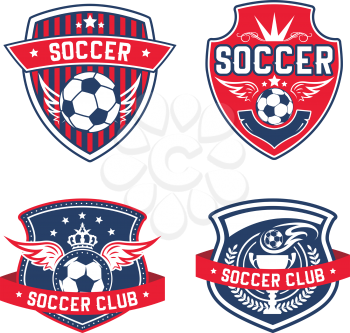 Soccer club heraldic shield icon for football team of college fan league. Vector soccer ball, victory laurel wreath and crown and winner wings for football tournament or championship design template