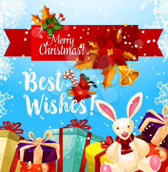 Merry Christmas best wishes greeting card for winter holiday season. Vector Santa present gifts with ribbon bows in snow, Christmas tree golden bell decoration for New Year celebration