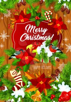 Merry Christmas greeting card for winter holiday celebration wish. Vector Christmas tree golden lights, bell and poinsettia star decoration, New Year stocking and Santa gift presents in snow
