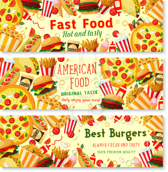 Fast food meals banners for fastfood restaurant menu template. Vector combo sandwiches, fries or hamburger and ice cream or donut, coffee or soda drink and cheeseburger, hotdog or pizza and desserts