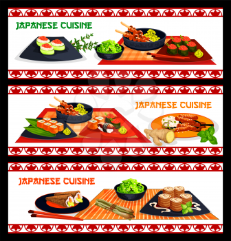 Japanese cuisine sushi and asian seafood dishes banner set. Assortment of sushi with rice, salmon, tuna, seaweed, caviar, shrimp and avocado, grilled chicken yakitori, teriyaki pork, roll with cream