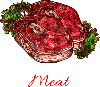 Meat steak, fresh food sketch. Beef shank, lamb steak or pork shoulder roast with bone, served with vegetable greens isolated symbol for butcher shop, meat store, grill menu design