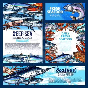 Fresh fish and seafood banner, sea fishing poster set. Salmon, crab, tuna, marlin, shrimp, lobster, mackerel, squid, flounder and sprat sketches for fish market label, fishing club card design