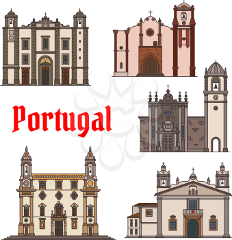 Portuguese travel landmark of religious building thin line icon set of Santo Antonio Church, Roman Catholic Cathedrals in Aveiro, Faro and Silves, Church of St Anthony. Travel and tourism design