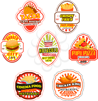 Fast food label and badges. Hamburger, pizza, french fries, takeaway soda cup, chicken leg, mexican taco and nacho with sauce isolated sign for fast food restaurant and pizzeria packaging design