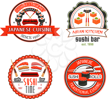 Japanese sushi bar and asian cuisine restaurant badges and icons. Seafood sushi roll and nigiri with rice, salmon, tuna, shrimp, octopus and caviar, served with chopsticks, soy and wasabi sauce