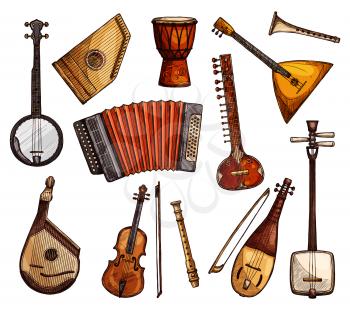 Ethnic musical instruments sketches. Italian viola, flute and accordion, indian sitar, american banjo, african djembe drum, russian balalaika, japanese shamisen and ukrainian bandura isolated icon