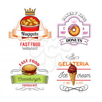 Fast food restaurant, donut shop and ice cream cafe symbols or icons. Cheeseburger, glazed donut, chocolate ice cream cone and chicken nuggets sketch symbol with ribbon banner and crown
