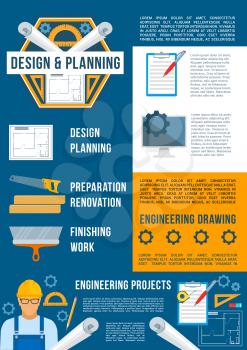 Building design and construction industry poster template. Architectural and engineering drawing, contractor with work tool, pencil, ruler, home renovation project. Construction theme design