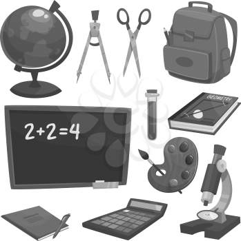 School supplies objects and icons. Pencil, book and pen, notebook, globe, chalkboard, backpack and flask, paint, brush and calculator, scissors and compass, microscope symbols for education design