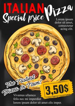 Pizza chalkboard poster template. Italian pizza menu sketch banner on blackboard with olive, cheese, mushroom, pepperoni toppings and price label for fast food restaurant and pizzeria banner design