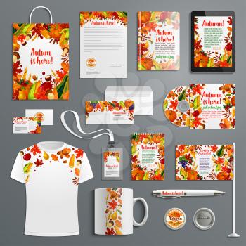 Corporate identity set with autumn season brand symbol. Fall leaf, harvest vegetable and fruit branding template of business card, letterhead, envelope, folder, document layout and branded stationery