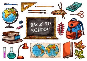 School and education supplies sketches. Pencil, book and ruler, pen, calculator and scissors, school bag, blackboard, paint and brush, globe, flask and lamp, world map for student tool design