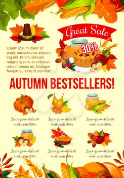 Autumn sale banner with Thanksgiving bestsellers and fall leaf frame. Pumpkin and corn harvest vegetable, apple fruit, cranberry pie, mushroom, foliage of forest tree for discount offer poster design