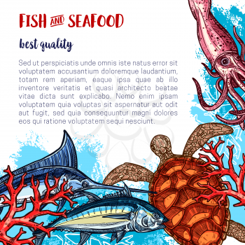 Fresh seafood poster for fish or sea food market or restaurant. Vector design of fishery turtle, squid or shrimp and salmon, fishing catch of flounder, prawn or oyster and pike or marlin with herring