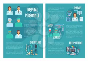 Hospital personnel doctors of therapy, orthopedics, rheumatology and surgery. Vector medical brochure of healthcare medicine pills, x-ray or syringe, stethoscope, thermometer and spine or foot joint