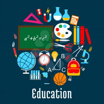 Education round symbol created of school supplies with pencil, ruler, book, globe and pen, brush, calculator, blackboard and scissors, microscope, school bag, ball, lamp, alarm clock icons